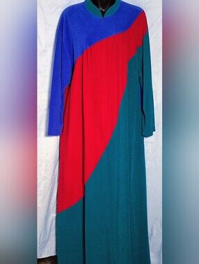 Vintage Vanity Fair Colorblock Maxi Robe 70s 80s Velour Housecoat Blue Red Teal